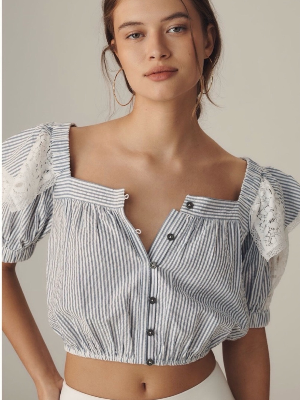 Anthropologie Maeve - Striped Blue & White Crop Top with Lace Sleeves